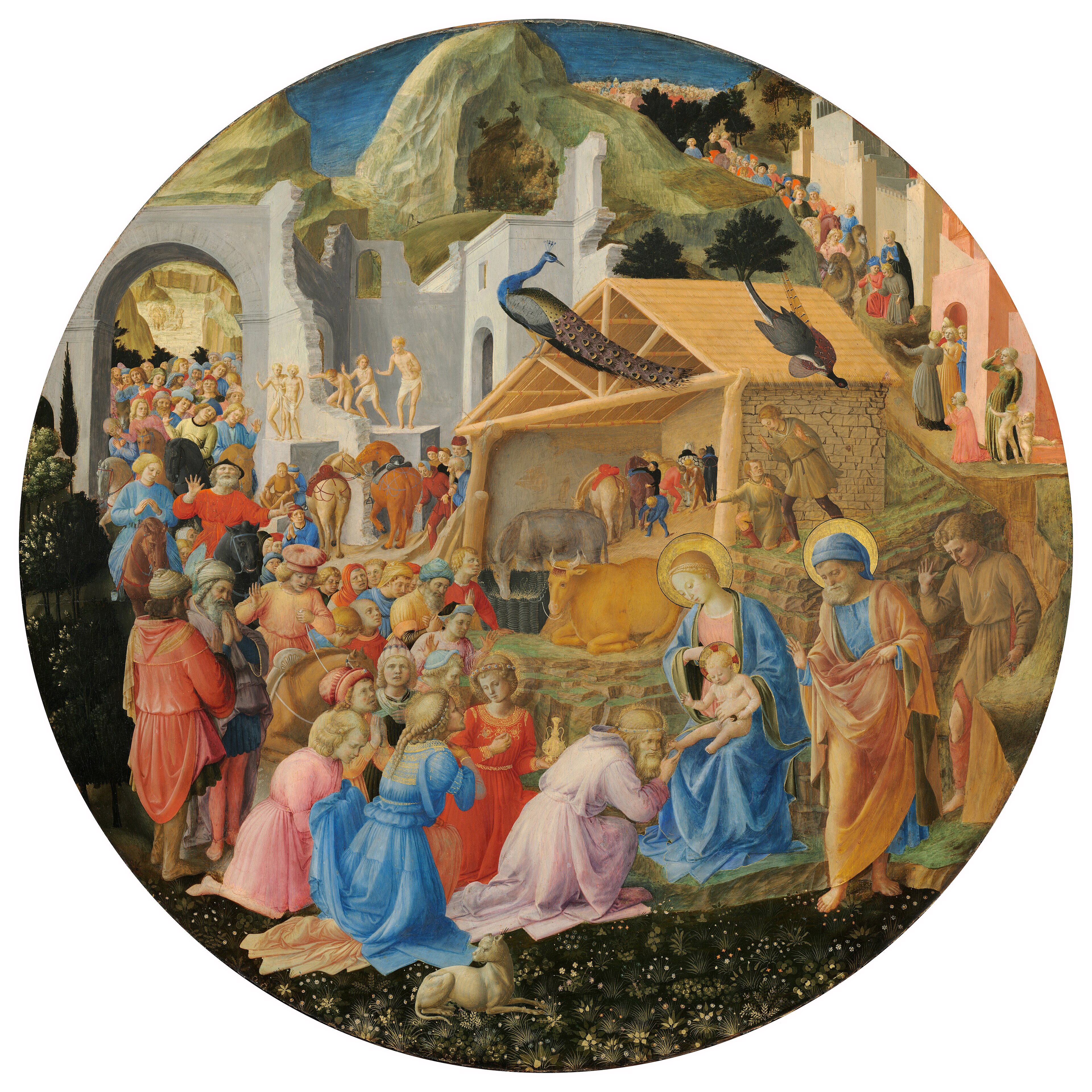 Fra Angelico and Fra Filippo Lippi’s circular Adoration of the Magi, with a long procession and a peacock on the stable roof.