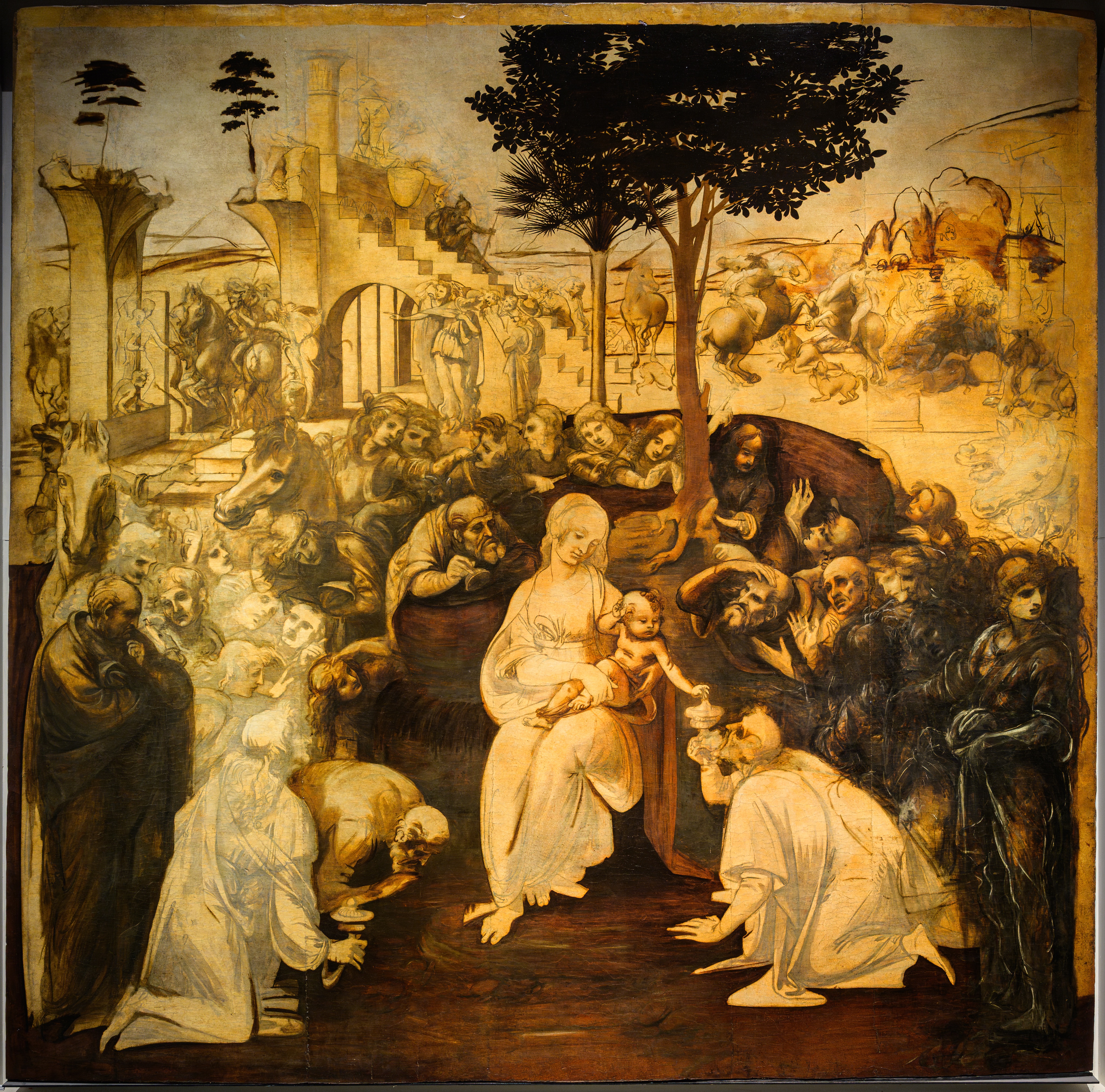Leonardo da Vinci’s unfinished Adoration of the Magi, with the Virgin and Child at the center of a crowd of expressive figures.