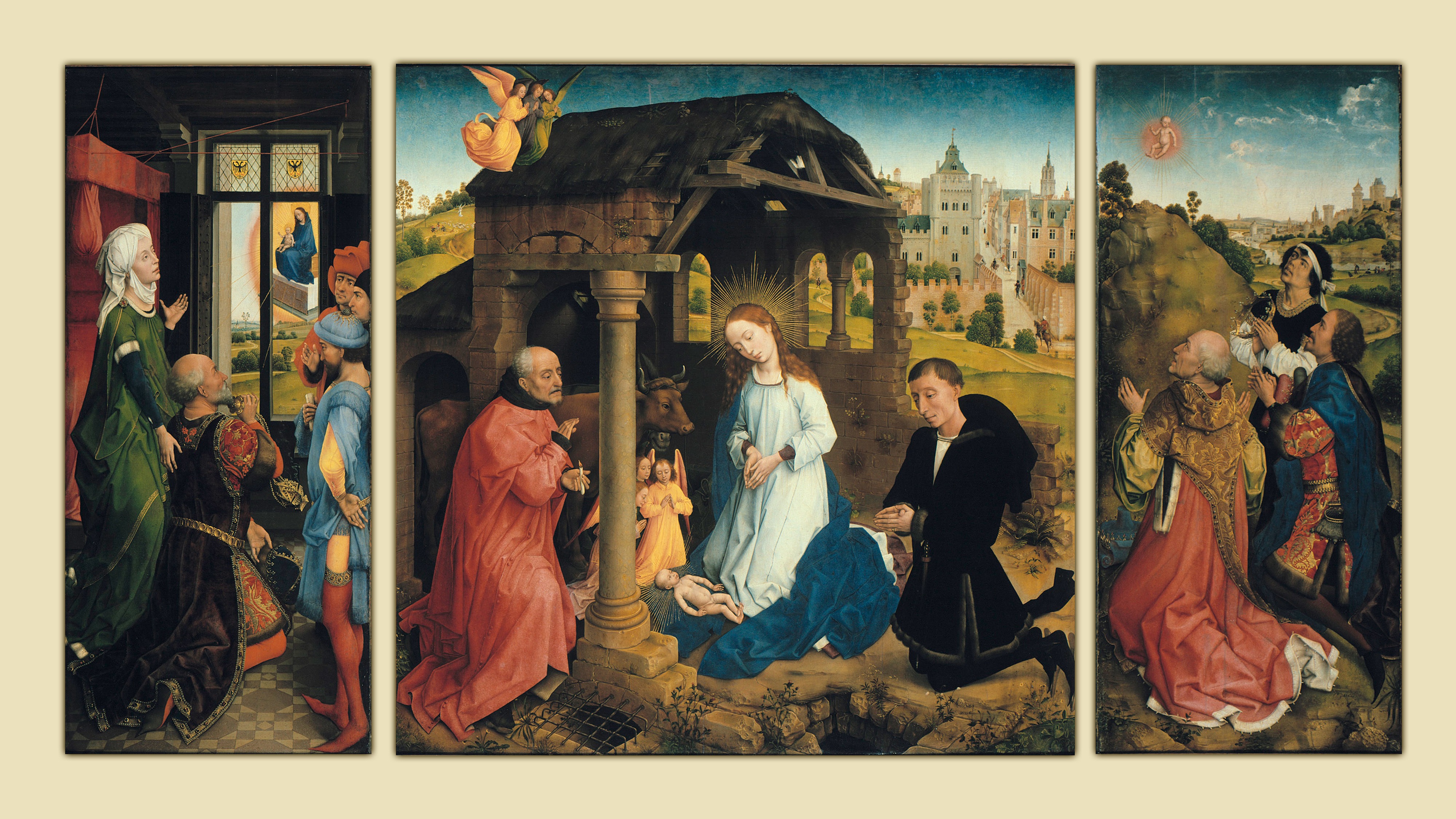 Rogier van der Weyden’s Bladelin Altarpiece open: Emperor Augustus and the Sibyl on the left wing, the Nativity with a kneeling donor in the centre, the Magi seeing the star-child on the right.