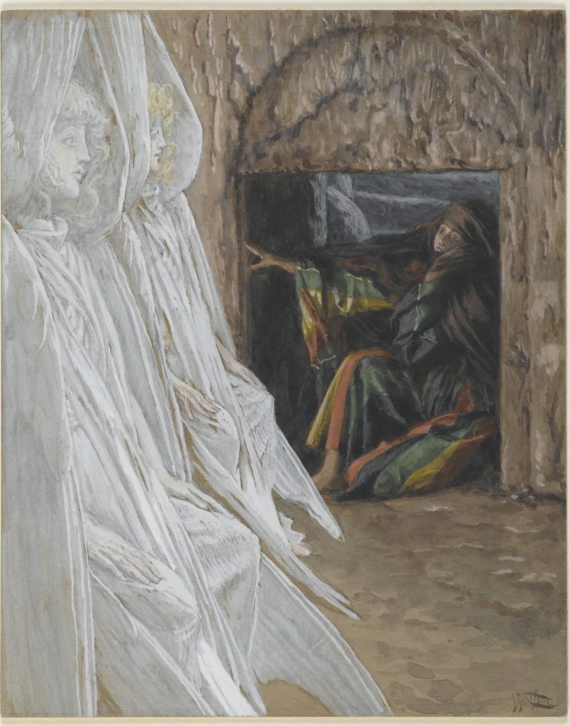 Mary Magdalene Questions the Angels in the Tomb by James Tissot (1886–1894): Mary Magdalene crouches low in the opening of the empty tomb while angels in white fill the foreground.