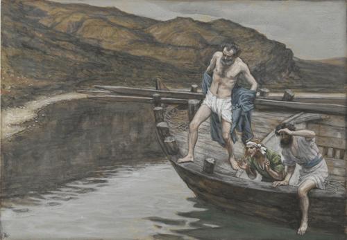 Saint Peter Alerted by Saint John to the Presence of the Lord Casts Himself into the Water by James Tissot