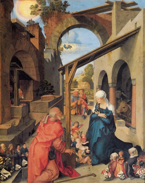 The centre panel of Albrecht Dürer’s Paumgartner Altarpiece: Mary and Joseph kneel before the baby among crumbling arches, with the small donor family kneeling along the bottom edge.