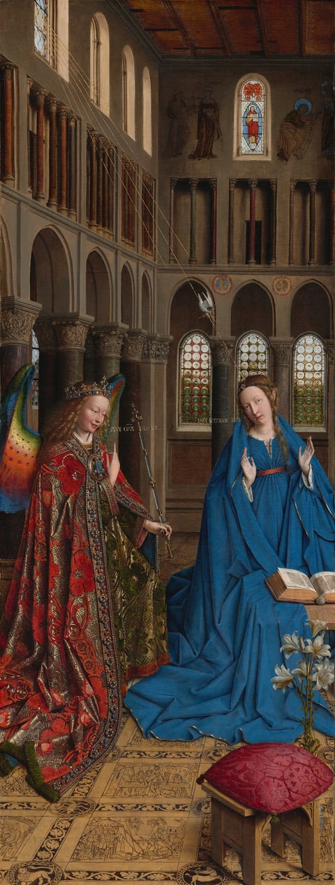 Jan van Eyck’s Annunciation, showing Gabriel and Mary inside a tall church with gold inscriptions and a patterned floor.