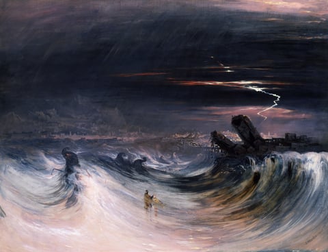 Waves batter Tyre’s buildings and boats, with a woman raising her arms in the foreground.
