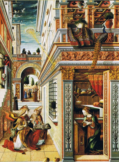 Carlo Crivelli’s Annunciation with Saint Emidius: a ray of light crosses an ornate street toward Mary’s room.