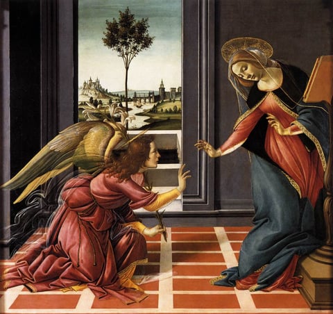 Botticelli’s Cestello Annunciation, with Mary and the kneeling Gabriel reaching toward one another across a spare room.