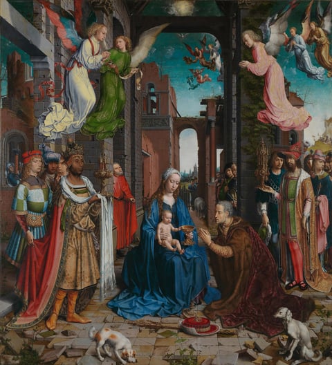 Jan Gossaert’s Adoration of the Kings, with brilliantly dressed Magi, angels and onlookers around Mary and Jesus in elaborate ruined architecture.