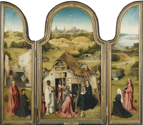 The complete open Adoration of the Magi triptych by Hieronymus Bosch, with the central Adoration and donor portraits across three arched panels.