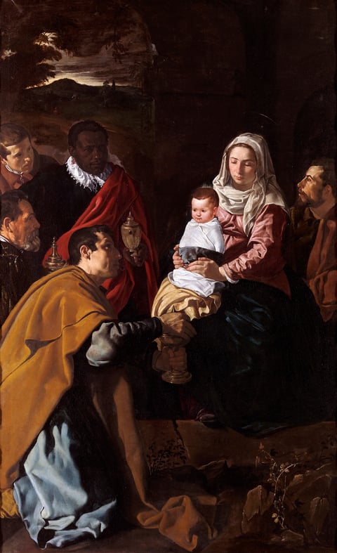 Velázquez’s Adoration of the Magi, with the swaddled infant Jesus on Mary’s lap and three closely gathered kings emerging from a dark background.