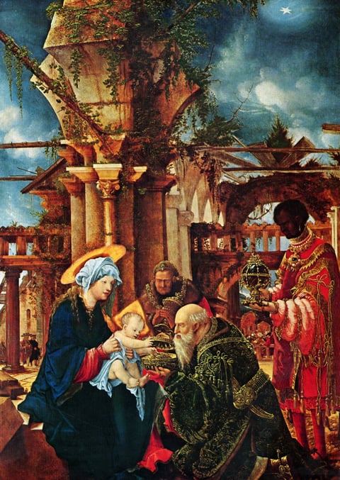 Albrecht Altdorfer’s Adoration of the Magi beneath intricately painted ruined architecture and a star-filled sky.