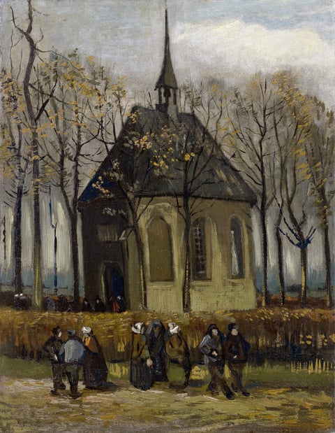Congregation Leaving the Reformed Church in Nuenen by Vincent van Gogh (1884–1885): churchgoers walking away from the church where his father was the pastor. A Van Gogh church painting.