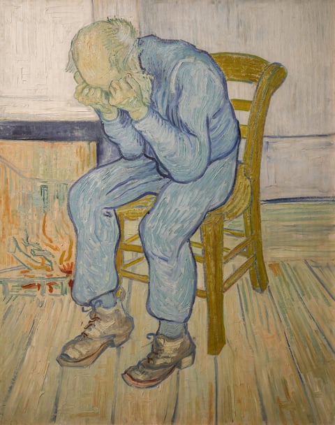 At Eternity’s Gate (Sorrowing Old Man) by Vincent van Gogh (1890): an old man sitting by a fire with his face buried in his fists. Van Gogh’s painting about faith in God and eternity.