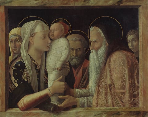 The Presentation at the Temple by Andrea Mantegna, with Mary holding the swaddled Christ child as Simeon reaches for him