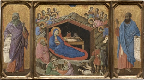 Duccio’s The Nativity with the Prophets Isaiah and Ezekiel: on gold ground, Mary reclines by the manger while two women bathe the baby, flanked by the two prophets holding scrolls.