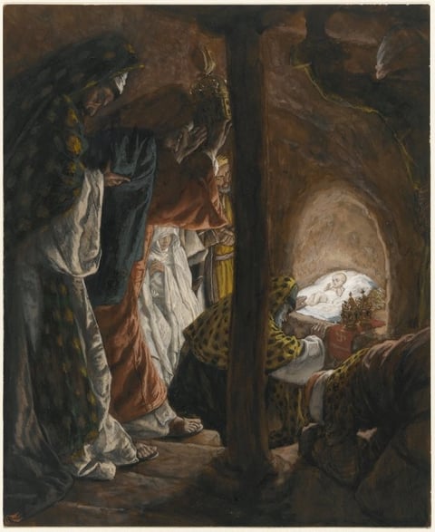 James Tissot’s Adoration of the Magi, a close view of richly dressed visitors around the infant Jesus, with a wooden post dividing the dark interior.
