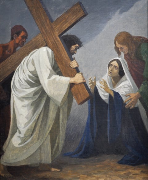 Jesus Meets His Mother by Gebhard Fugel, with Mary reaching toward Jesus as he carries the cross