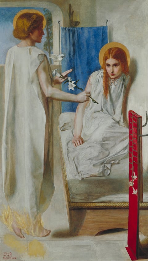 Rossetti’s Ecce Ancilla Domini: Mary draws back on a white bed as a wingless Gabriel offers a lily.