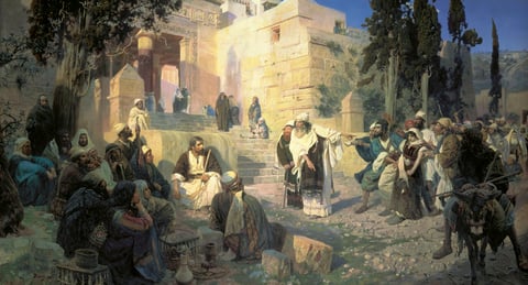 Christ and the Sinner by Vasily Polenov (1888): Jesus sits among his listeners at the foot of the temple steps while a crowd at the right brings a young woman toward him. A painting of Jesus and the woman caught in adultery.