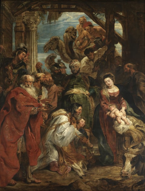 Rubens’s Antwerp Adoration of the Magi, a tall crowded composition with Mary and Jesus on the right and elaborately dressed kings approaching.
