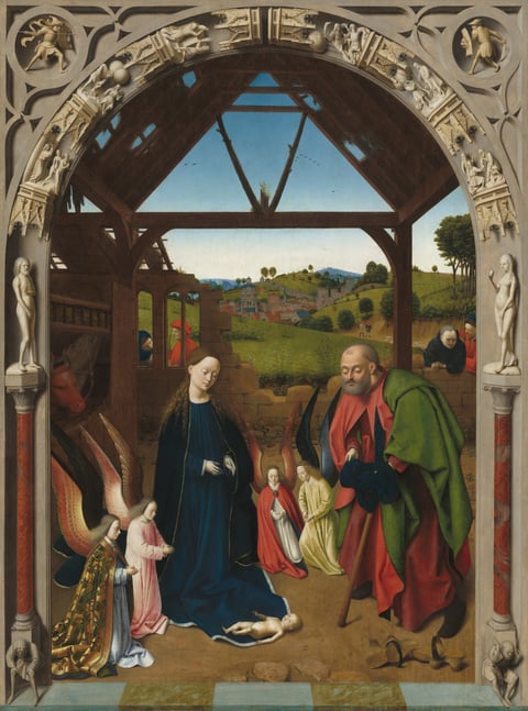Petrus Christus’s The Nativity seen through a painted stone arch carved with Genesis scenes, with statues of Adam and Eve on its columns and angels around the baby.