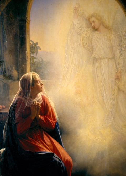 Carl Bloch’s Annunciation: Mary looks upward with clasped hands toward Gabriel in golden light.