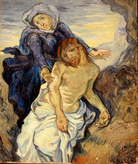 Pietà (after Delacroix) by Vincent van Gogh (1889): Mary with outstretched arms beside the body of the dead Christ, painted with red hair and beard. Van Gogh’s copy of Delacroix’s Pietà.