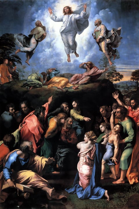 The Transfiguration by Raphael (1516–1520): the fourth Luminous Mystery of the Rosary, with Jesus in light above the mountain and a crowd around a sick boy below.