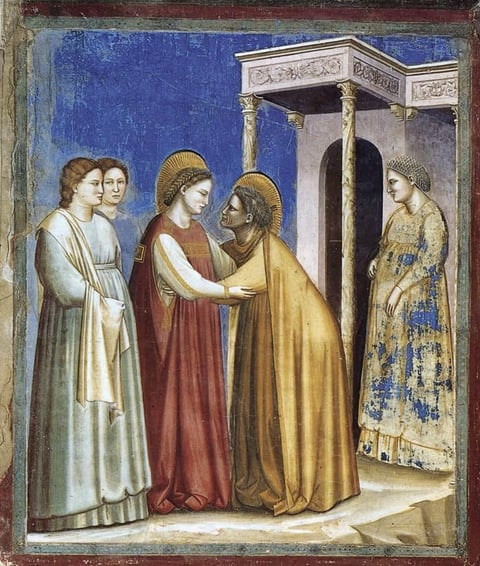 Giotto’s Visitation fresco in the Scrovegni Chapel, showing Mary and Elizabeth greeting each other outside a doorway.