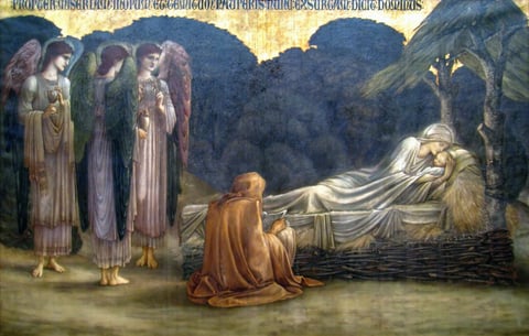 Edward Burne-Jones’s The Nativity: three tall angels stand beside Mary, who lies with the baby on a straw-filled manger while Joseph sits reading, under a gold Latin inscription.