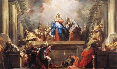 Pentecost by Jean Restout II, with Mary standing at the center beneath light, her hands at her chest, and apostles reacting across the steps of a broad hall