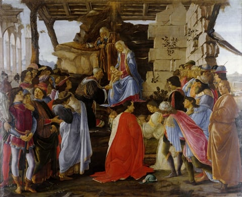 Sandro Botticelli’s Adoration of the Magi, with Medici portraits and a possible self-portrait at the far right.