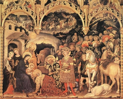 Gentile da Fabriano’s Adoration of the Magi, main panel, with richly dressed kings and an elaborate procession.