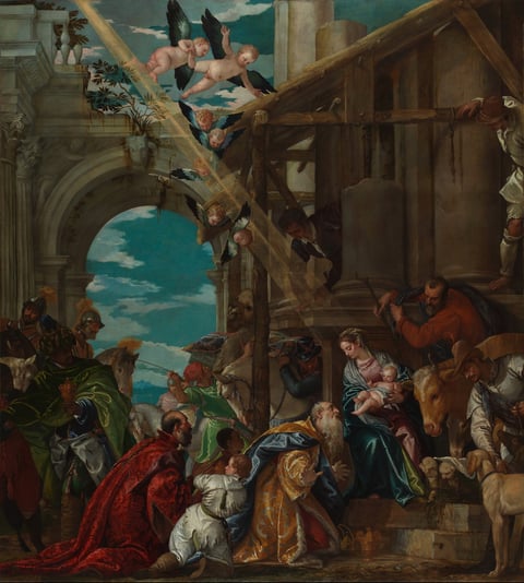 Paolo Veronese’s 1573 Adoration of the Kings, with a diagonal shaft of heavenly light directing attention toward Mary and the infant Jesus.