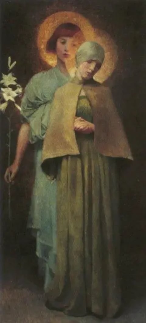 Marianne Stokes’s Hail Mary: Gabriel stands close behind Mary beside a tall white lily.