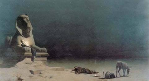 Luc Olivier Merson’s Rest on the Flight into Egypt: Mary shelters with the glowing child between a sphinx’s paws.