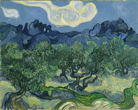 The Olive Trees by Vincent van Gogh (1889): olive trees under a swirling sky with hills behind. One of the olive grove paintings Van Gogh made instead of a Garden of Gethsemane.