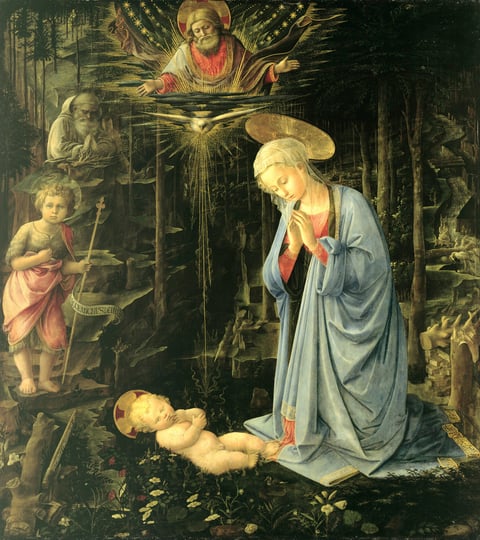 Filippo Lippi’s The Adoration in the Forest: Mary kneels before the baby on the ground of a dark forest, with the young John the Baptist, an old hermit saint, God the Father and the dove above.