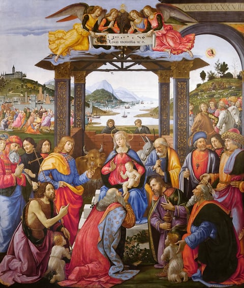 Domenico Ghirlandaio’s Adoration of the Magi for the Innocenti, with two child martyrs kneeling beside the kings.