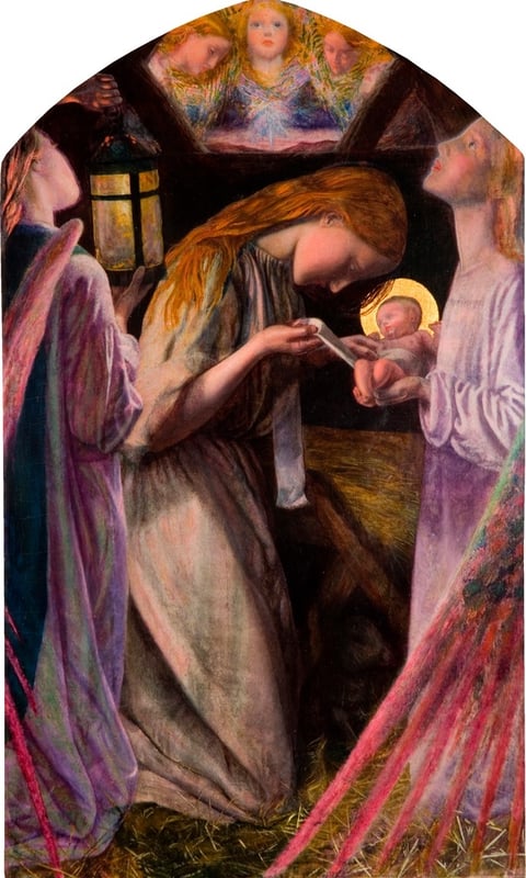Arthur Hughes’s The Nativity: an angel holds the infant with a gold halo while another carries a lantern.