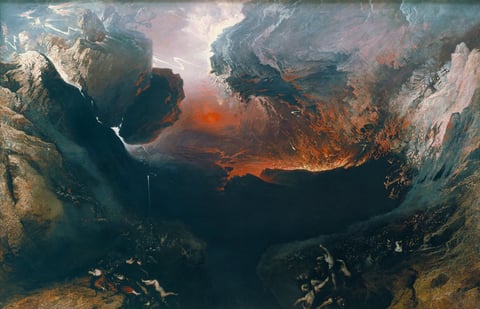 Buildings and mountains topple into a fiery chasm in John Martin’s The Great Day of His Wrath.