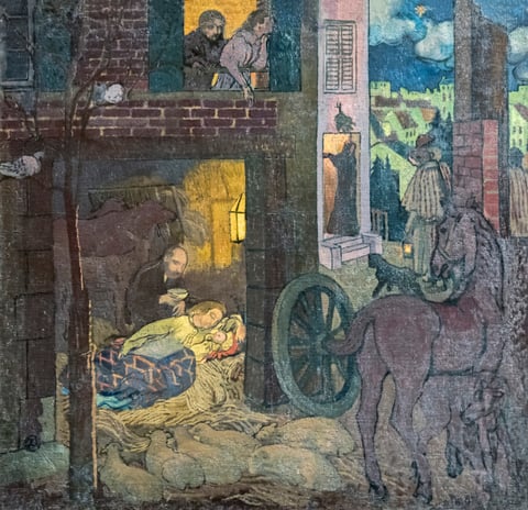 Maurice Denis’s Nativité: a lit stable in the lower corner of a night street, with figures at a lit window above and a carter beside his horse.