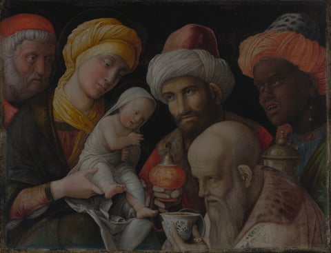Andrea Mantegna’s Adoration of the Magi at the Getty, a tightly framed group of Mary, Jesus, Joseph and the three Magi with precious vessels.