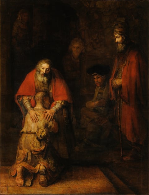 Return of the Prodigal Son by Rembrandt (1661–1669): a father rests both hands on the back of his kneeling son while other figures look on. An example painting for Visio Divina.