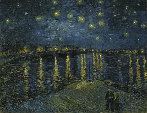 Starry Night Over the Rhône by Vincent van Gogh (1888): stars over the river at Arles, with the gaslights of the town reflected in the water. The painting Van Gogh linked to his need for religion.