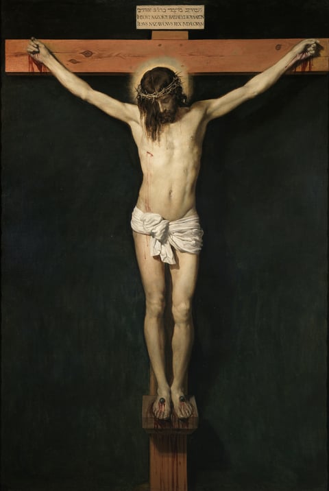 Christ Crucified by Diego Velázquez (about 1632): the fifth Sorrowful Mystery of the Rosary, with Jesus alone on the cross against a dark background.