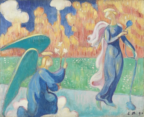 Émile Bernard’s L’Annonciation: Gabriel kneels on a pink cloud beside Mary in a bright stylized landscape.