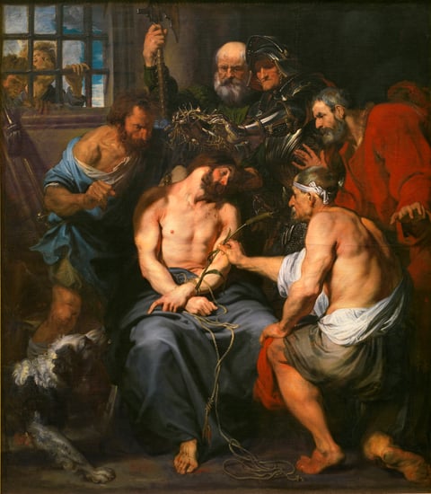 The Crowning with Thorns by Anthony van Dyck (1618–1620): the third Sorrowful Mystery of the Rosary, with soldiers pressing a crown of thorns onto the head of the seated Jesus.