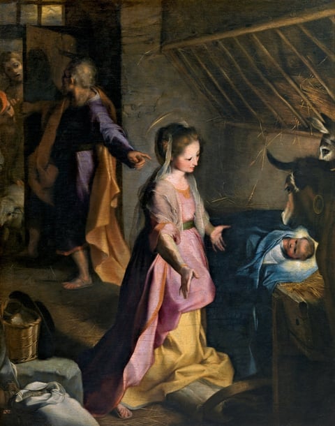 Federico Barocci’s Nativity: Mary kneels with open arms before the glowing baby in the manger while Joseph holds the stable door open for arriving shepherds.