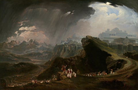 Joshua raises an arm above a battle beneath a storm and the sun over Gibeon.