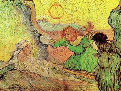 The Raising of Lazarus (after Rembrandt) by Vincent van Gogh (1890): Lazarus in his grave clothes, two women reaching toward him and a large yellow sun above. Van Gogh’s Lazarus without Christ.
